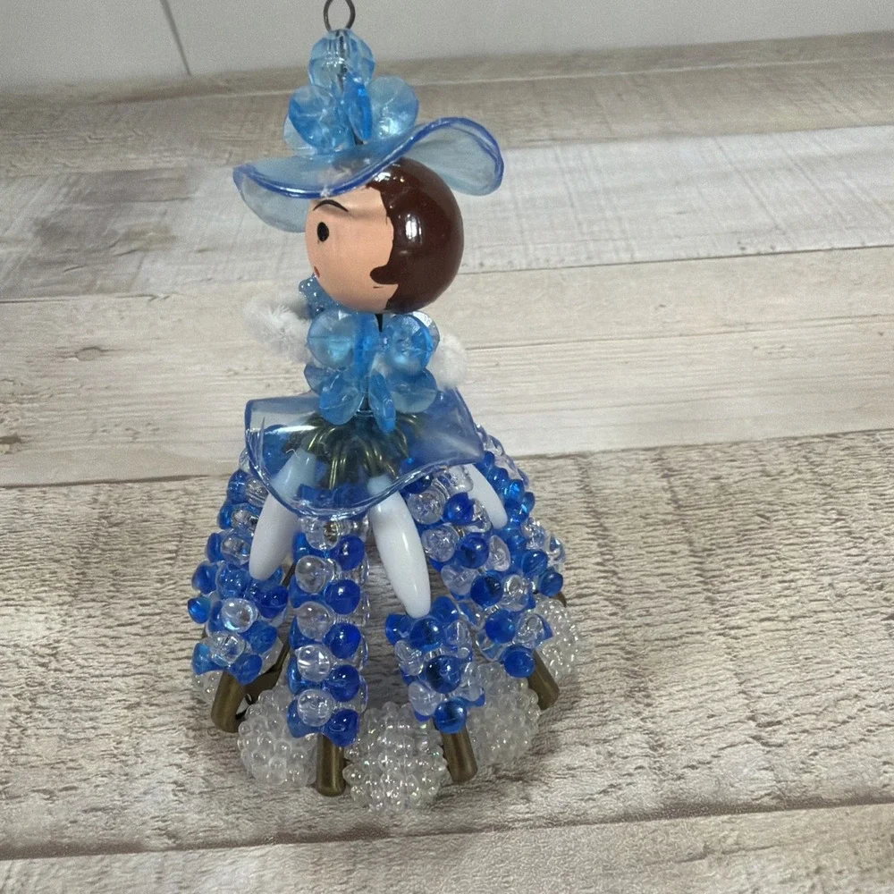 Vintage Handmade Beaded Safety Pin Victorian Lady Christmas Ornament Blue